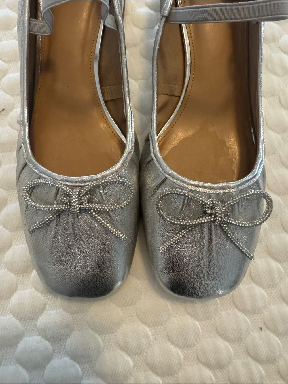 Maeve Silver Ballet flats Mary Jane Low Block Heel Pumps with Decorative Bow